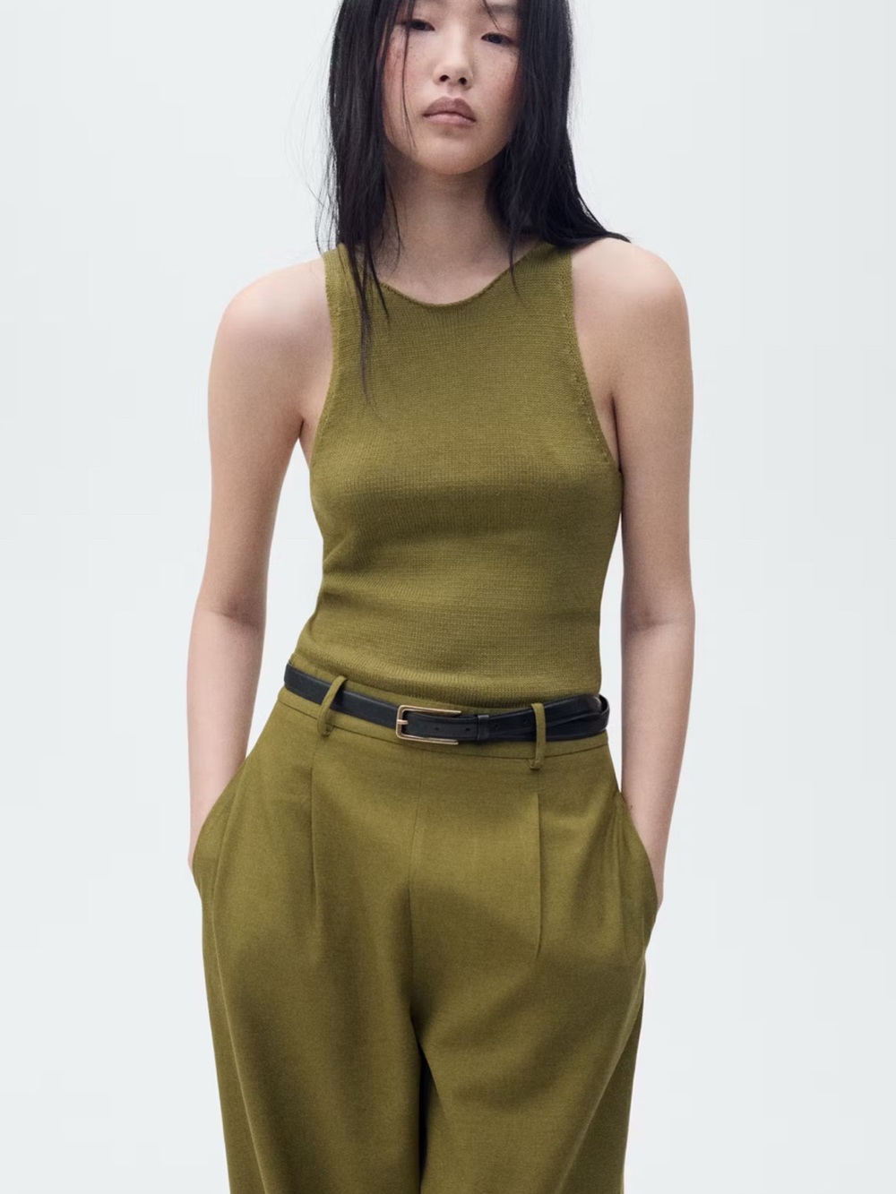 Mango Olive combined-fabric jumpsuit with belt NEW